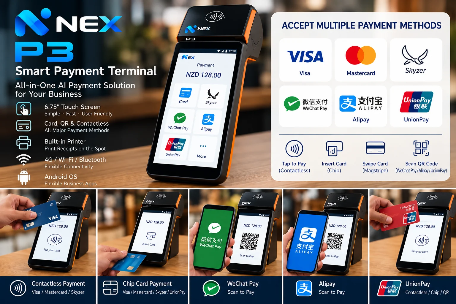 NEX P3 payment terminal and card, contactless and QR payment methods