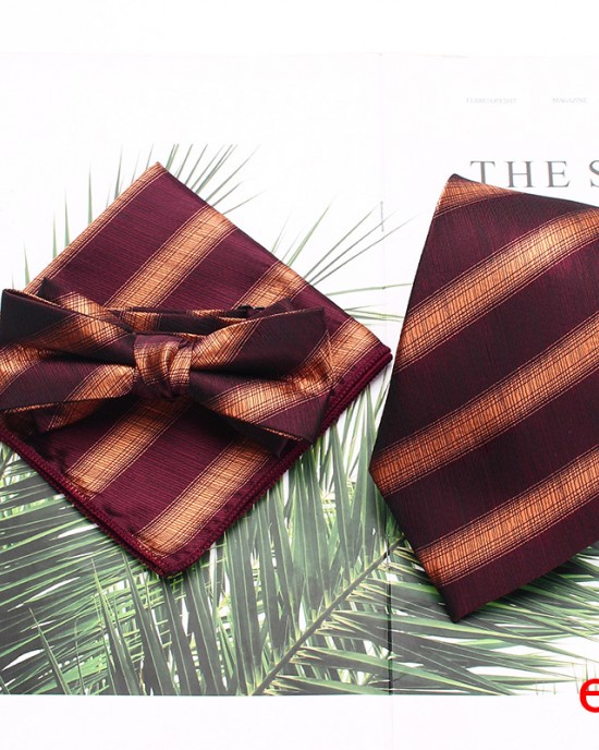Men's tie sets, three-piece polyester striped tie, bow tie, and square handkerchief sets available Wholesale Suit Accessories Men's tie sets, three-piece polyester striped tie, bow tie, and square handkerchief sets available Wholesale Suit Accessories