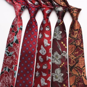 Polyester business suit ties, jacquard red series, 7cm ties, bulk, tie manufacturer, and wholesale.