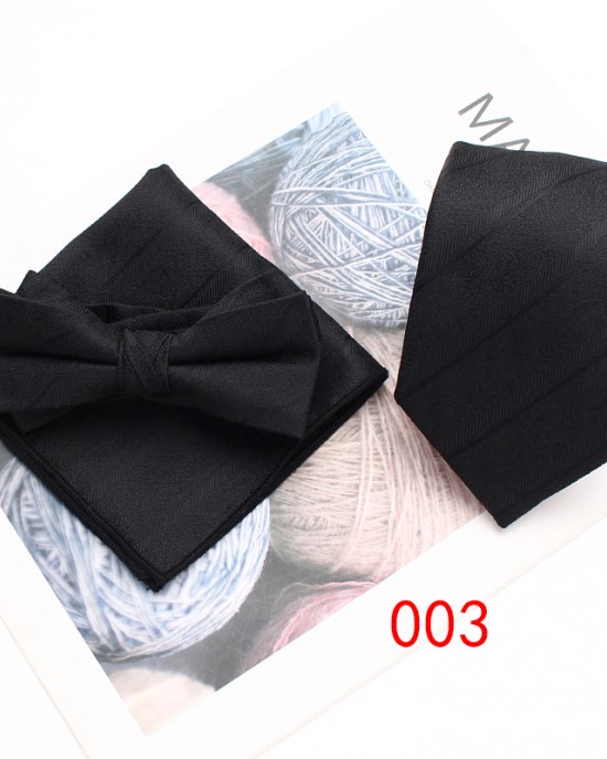 Business formal wear, three-piece tie, pocket scarf, and bow tie set Men's three-piece suit, striped scarf, tie, and bow tie set. Business formal wear, three-piece tie, pocket scarf, and bow tie set Men's three-piece suit, striped scarf, tie, and bow tie set.