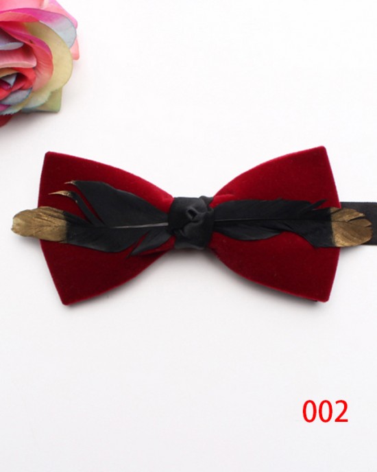 New style, solid-color, textured velvet bow ties for men with feather embellishments. Fashionable suit accessories and business bow ties available for wholesale. New style, solid-color, textured velvet bow ties for men with feather embellishments. Fashionable suit accessories and business bow ties available for wholesale.