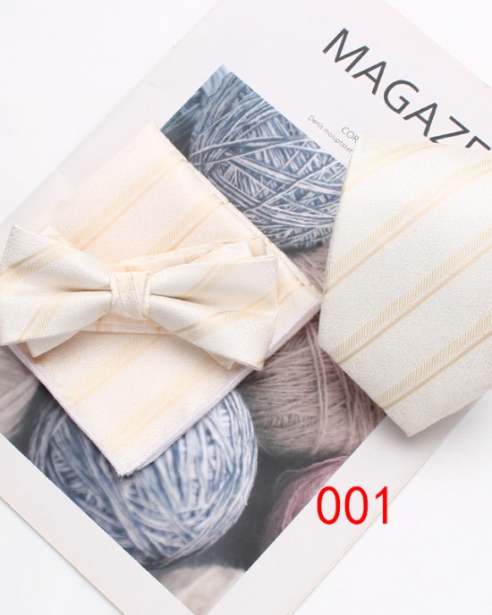 Business formal wear, three-piece tie, pocket scarf, and bow tie set Men's three-piece suit, striped scarf, tie, and bow tie set. Business formal wear, three-piece tie, pocket scarf, and bow tie set Men's three-piece suit, striped scarf, tie, and bow tie set.
