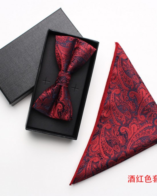 Burgundy paisley cashew pattern square bow tie gift set, two-piece men's business and fashionable wedding bow tie set. Burgundy paisley cashew pattern square bow tie gift set, two-piece men's business and fashionable wedding bow tie set.