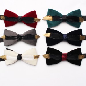 New style, solid-color, textured velvet bow ties for men with feather embellishments. Fashionable suit accessories and business bow ties available for wholesale.