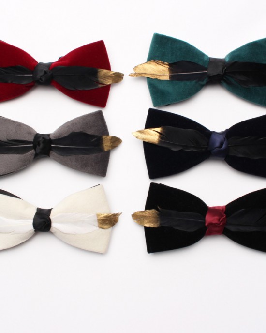 New style, solid-color, textured velvet bow ties for men with feather embellishments. Fashionable suit accessories and business bow ties available for wholesale. New style, solid-color, textured velvet bow ties for men with feather embellishments. Fashionable suit accessories and business bow ties available for wholesale.