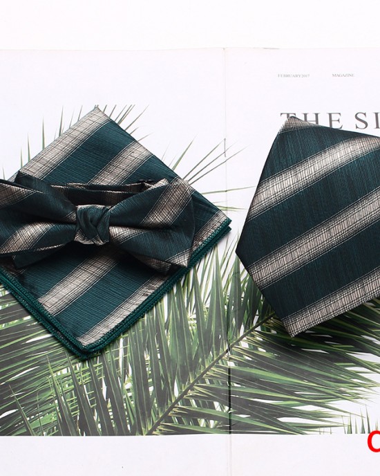 Men's tie sets, three-piece polyester striped tie, bow tie, and square handkerchief sets available Wholesale Suit Accessories Men's tie sets, three-piece polyester striped tie, bow tie, and square handkerchief sets available Wholesale Suit Accessories