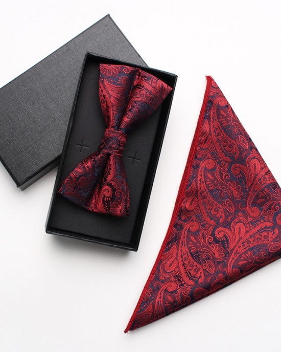 Burgundy paisley cashew pattern square bow tie gift set, two-piece men's business and fashionable wedding bow tie set. Burgundy paisley cashew pattern square bow tie gift set, two-piece men's business and fashionable wedding bow tie set.