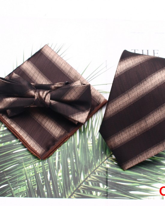 Men's tie sets, three-piece polyester striped tie, bow tie, and square handkerchief sets available Wholesale Suit Accessories Men's tie sets, three-piece polyester striped tie, bow tie, and square handkerchief sets available Wholesale Suit Accessories