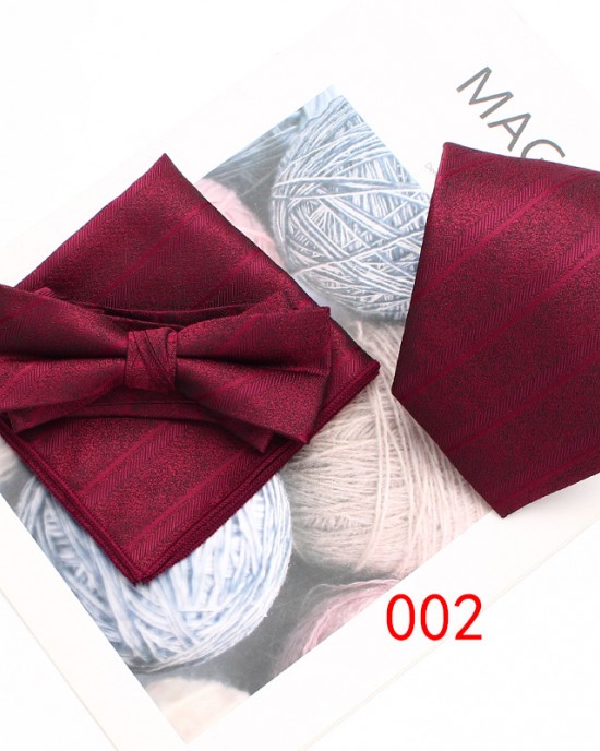 Business formal wear, three-piece tie, pocket scarf, and bow tie set Men's three-piece suit, striped scarf, tie, and bow tie set. Business formal wear, three-piece tie, pocket scarf, and bow tie set Men's three-piece suit, striped scarf, tie, and bow tie set.